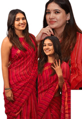 Organic linen Orange and pink stripes Rose pallu - Vanibhojan pink saree - Madras Sarees