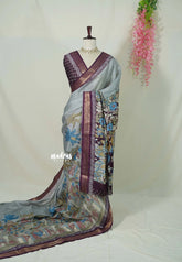 Misty Blue Grey - Premium Vasundra Kota Printed Silk kalamkari prints with Zari Border - Best for Small Functions | Casual Wear