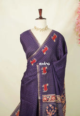Jamun Purple - Light weight Vasundra Printed Silk Zari Checks with Pichwai Cow Printed Border - Best for Office Wear