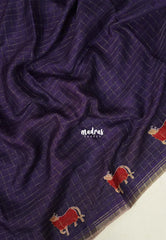 Jamun Purple - Light weight Vasundra Printed Silk Zari Checks with Pichwai Cow Printed Border - Best for Office Wear