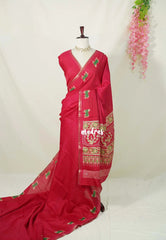 Crimson Pink - Light weight Vasundra Printed Silk Zari Checks with Pichwai Cow Printed Border - Best for Office Wear