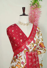 Ivory Cream - Vasundra Printed Silk with Floral Body and Silk Blouse - Perfect for Small Functions
