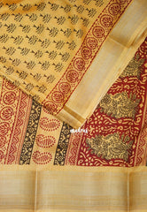 Yellowish Sandal - Premium Vasundra Printed Silk Zari Border with Tree Prints - Best for Casual Wear