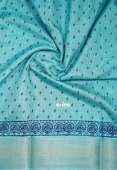 Mild Cyan Blue - Premium Vasundra Printed Silk Zari Border with Tree Prints - Best for Casual Wear