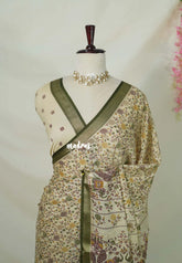 Beige with Olive Green - Premium Vasundra Printed Silk with Floral Prints and Zari Border - Best for Casual Wear