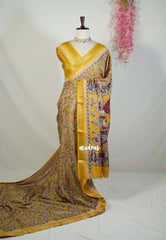 Turmeric Yellow - Light weight Vasundra Printed Silk with Kalamkari Prints - Best for Office Wear | Casual Wear