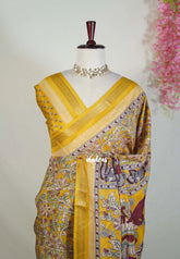 Turmeric Yellow - Light weight Vasundra Printed Silk with Kalamkari Prints - Best for Office Wear | Casual Wear