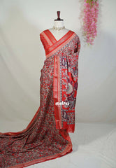 Reddish Orange - Light weight Vasundra Printed Silk with Kalamkari Prints - Best for Office Wear | Casual Wear