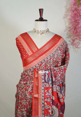 Reddish Orange - Light weight Vasundra Printed Silk with Kalamkari Prints - Best for Office Wear | Casual Wear