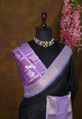 Ebony Block - Premium vasundra printed silk with rettapet border banarasi blouse combo - Best for school college wear | work wear | casual wear |