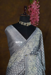 Moonstone Grey - Veena - Lightweight Semi tussar saree wtih floral cutwork border - Perfect for Office Wear