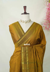 Mustard Brown - Vintage Gadwal silk cotton with Muthu kattam check body Traditional Border - Best for Temple Visit