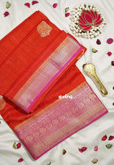 Sunset Orange - Durga - Banarasi Premium Viscose Silk with Mayil, Yaanai Border and Buttas - Best for Pooja Functions | Diwali Festive