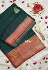 Dark Classic Green - Durga - Banarasi Premium Viscose Silk with Mayil, Yaanai Border and Buttas - Best for Pooja Functions | Diwali Festive