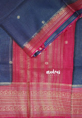 Navy Blue Pink - Durga - Banarasi Premium Viscose Silk with Micro Zari Checks and Rich Border - Best for Diwali Festive
