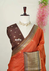 Rust Orange - Viscous Georgette with Viraoosi Kattam Weaving Body Multi Border with Designer Blouse