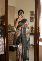 Ivory with Black border - Yamini Paper Silk Saree with Kalamkari Prints Black Checks Border - Best for Casual Wear | Office | college wear
