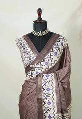Muted Brown - Yamini Paper Silk Checks in Body with Printed Patola Border - Perfect Office Wear | Casual Wear