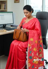 Reddish Peach - Yamini Paper Silk Grooves with Stripes in Body with Floral Printed Pallu and Blouse - Perfect Office Wear | Casual Wear