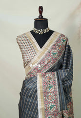 Lead Grey - Yamini Paper Silk Lines in Body with Printed Patola Border - Perfect Office Wear | Casual Wear