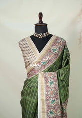 Olive Green - Yamini Paper Silk Lines in Body with Printed Patola Border - Perfect Office Wear | Casual Wear
