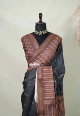 Elephant Black - Yamini Paper Silk with Contrast Pallu and Blouse with Printed Ikkat Buttas - Perfect Office Wear | Casual Wear