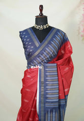 Dark Red - Yamini Paper Silk with Contrast Pallu and Blouse with Printed Ikkat Buttas - Perfect Office Wear | Casual Wear