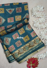 Muted Teal Blue - Roopa - Premium Chappa semi Tussar Silk with Cute Doodle Print - Perfect Office Wear | Casual Wear
