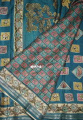 Muted Teal Blue - Roopa - Premium Chappa semi Tussar Silk with Cute Doodle Print - Perfect Office Wear | Casual Wear