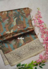 Multicolor with Rust Brown - Yamini Paper Silk with Moden Prints with Zari Style Printed Border - Perfect Office Wear | Casual Wear