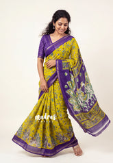 Yellowish Green - Soft and Silky Georgette Zari Border with Contrast Blouse - Best for Small Funtions