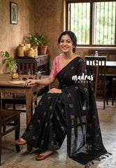 (PRE-BOOKING) Nightfall Black - Aathini - Tamizh Letters Handblock Printed Bamboo Cotton - Double Blouse Combo