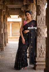 (PRE-BOOKING) Nightfall Black - Aathini - Tamizh Letters Handblock Printed Bamboo Cotton - Double Blouse Combo