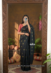 Deep Black - Aathini - Tamizh Letters Handblock Printed Bamboo Cotton Double Blouse Combo