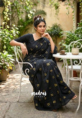 Deep Black - Aathini - Tamizh Letters Handblock Printed Bamboo Cotton Double Blouse Combo