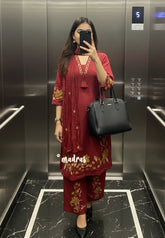 Deep Red – Aavani - Pre-Washed Handspun Cotton Ready-Made 3 piece Kurti Set with Floral Embroidery – Perfect for Office & Everyday Wear