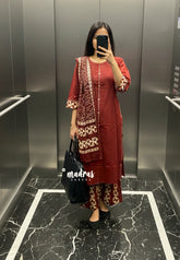 Earthen Brick red – Aavani - Pre-Washed Handspun Cotton 3 piece Kurti Set – Perfect for Office & Everyday Wear