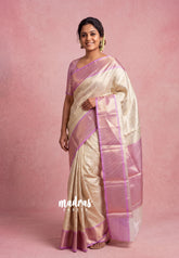 Creamy Ivory with Gold - Sri Lakshmi Premium Semi Silk Saree with Floral Emboss Weave & Getti Border | Elegant Wedding Wear