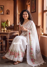 (PRE-BOOKING) Snow White Soft Alia Linen Cotton Saree with Floral Prints for Teachers, 7 Narrow Pleats Drape, Under ₹1000