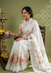 Snow White - Soft Alia linen cotton saree with Floral Prints for Teachers | 7 Narrow Pleats Drape | Under ₹1000