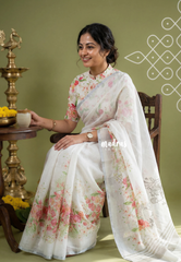 Snow White - Soft Alia linen cotton saree with Floral Prints for Teachers | 7 Narrow Pleats Drape | Under ₹1000