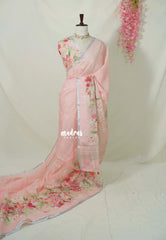 Peach Blossom - Soft Alia linen cotton saree with Floral Prints for Teachers | 7 Narrow Pleats Drape | Under ₹1000