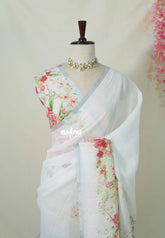 Snow White - Soft Alia linen cotton saree with Floral Prints for Teachers | 7 Narrow Pleats Drape | Under ₹1000