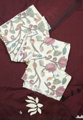 Ambigai - Lotus Handpainted south cotton with raw silk blouse combo - Maroon