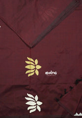 Ambigai - Lotus Handpainted south cotton with raw silk blouse combo - Maroon