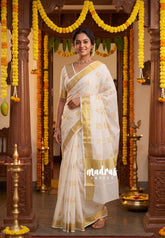 Classic Ivory White - Ambigai - South Cotton Saree with Malayalam Letters Prints and Golden Border - Best for Festive Wear