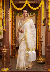 Classic Ivory White - Ambigai - South Cotton Saree with Malayalam Letters Prints and Golden Border - Best for Festive Wear