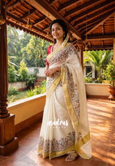Smt Nirmala sitharaman inspired Madhubani Handpainted south cotton with raw silk blouse combo - Pearl white