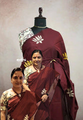 Ambigai - Lotus Handpainted south cotton with raw silk blouse combo - Maroon