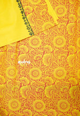 Yellow - Handpainted south cotton with raw silk blouse combo - Ambigai